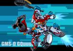  absurdres axe character_name chibi commentary english_commentary exhaust glowing glowing_eyes gquuuuuux green_eyes gundam gundam_gquuuuuux heat_hawk highres holding holding_axe holding_weapon kicking mecha mecha_focus mobile_suit no_humans rence robot science_fiction sd_gundam solo thrusters v-fin weapon 