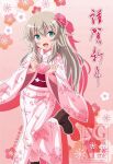  1girl blonde_hair blue_eyes blush boots breasts flower hair_ornament japanese_clothes kimono large_breasts looking_at_viewer luminous_witches nautilus_(artist) open_mouth pink_kimono standing translation_request virginia_robertson world_witches_series 
