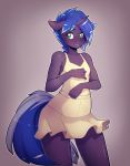  anthro blue_hair blush clothing dress equine female flat_chested fur green_eyes hair horn looking_aside mammal my_little_pony purple_fur simple_background skirt solo standing suelix thick_thighs unicorn 