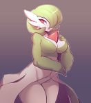  breasts eyelashes female gardevoir green_hair grey_background hair hair_over_eye humanoid looking_at_viewer nintendo plant pok&eacute;mon pok&eacute;mon_(species) pok&eacute;morph pseudo_clothing red_eyes simple_background solo standing suelix thick_thighs video_games white_skin wide_hips 