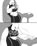 2024 ambiguous_gender annoying_dog_(undertale) anthro armchair big_breasts book boss_monster_(undertale) bovid breasts canid canine canis caprine chair comic curled_up domestic_dog duo eyelashes eyes_closed eyewear female feral fur furniture glasses hi_res horn mammal monochrome o245162 on_lap open_mouth reading reading_book sleeping surprised_expression surprised_face tail toriel undertale_(series) white_body white_fur
