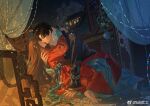  1boy 1girl absurdres arms_around_neck barefoot beads black_hair brown_hair chinese_clothes closed_eyes couple curtains flower green_eyes hetero highres hug imminent_kiss indoors lips loli_bushi long_hair long_sleeves love_and_deepspace night petals plant protagonist_(love_and_deepspace) red_nails short_hair vase zayne_(love_and_deepspace) 