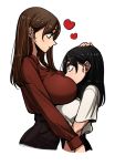  ass black_hair blush breasts brown_eyes brown_hair earrings heart height_difference jewelry large_breasts lily_sia looking_at_another multiple_girls original petting shirt_tucked_in simple_background smile white_background yuri 