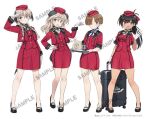  4girls animal_ears black_hair blonde_hair braid brown_hair dark-skinned_female dark_skin dress flight_attendant_hat full_body gloves hair_over_one_eye high_heels joanna_elizabeth_stafford long_hair looking_at_viewer luminous_witches lyudmila_andreyevna_ruslanova manaia_matawhaura_hato multiple_girls official_alternate_costume official_art open_mouth red_dress sample_watermark short_hair standing suitcase tail travel_attendant twin_braids virginia_robertson watermark white_gloves world_witches_series 