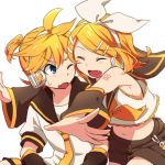  1girl ;o arm_tattoo armpits bare_shoulders belt blonde_hair blue_eyes blush bow breasts brother_and_sister closed_eyes detached_sleeves fang glomp hair_bow hair_ornament hairclip headphones headset hug hug_from_behind imminent_hug kagamine_len kagamine_rin midriff navel necktie number_tattoo one_eye_closed open_mouth reki_(arequa) sailor_collar short_hair shorts siblings sideboob small_breasts smile sweatdrop tattoo twins vocaloid yellow_neckwear 