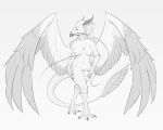  2016 3_toes 5:4 5_fingers anthro avian beak big_breasts bird breasts chest_tuft claws digital_media_(artwork) dragon eastern_dragon egyptian_vulture eva_(ozawk) feathered_dragon feathered_wings feathers female front_view hi_res horn hybrid navel nawka nipples non-mammal_breasts nude pose pussy simple_background solo standing toe_claws toes tuft vulture walking white_background wings 