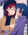  :d beret black_hat blue_hair blurry blurry_background brown_coat chromatic_aberration coat face-to-face hair_ornament hairclip hat hood hood_down hooded_coat long_hair long_sleeves looking_at_another love_live! love_live!_sunshine!! multiple_girls open_mouth parted_lips purple_coat purple_eyes red_hair sakurauchi_riko sellel smile tsushima_yoshiko upper_body yellow_eyes yuri 