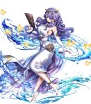  bangs bare_shoulders barefoot breasts bug butterfly camilla_(fire_emblem_if) dress elbow_gloves fingerless_gloves fire_emblem fire_emblem_heroes fire_emblem_if gloves hair_ornament hair_over_one_eye highres insect large_breasts long_hair mikurou_(nayuta) official_art parted_lips purple_eyes purple_hair shiny shiny_hair sleeveless smile solo toes transparent_background turtleneck water white_dress 