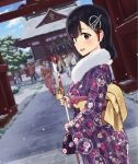  :d ac_107 arrow bangs black_hair blush breath brown_eyes commentary_request dutch_angle eyebrows_visible_through_hair fur_trim haguro_(kantai_collection) hair_ornament hairpin hamaya japanese_clothes kantai_collection kimono long_sleeves looking_at_viewer looking_back new_year obi open_mouth sash short_hair smile snow snowing solo_focus torii wide_sleeves 