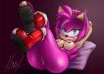  amy_rose anus big_butt blush breasts butt clothing crossed_legs feet female footwear green_eyes hands_behind_head hedgehog hmx_(artist) looking_at_viewer mammal nude pillow puffy_anus pussy signature smile sonic_(series) 