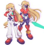 bangs blonde_hair blue_eyes commentary_request energy_blade energy_sword facial_mark forehead_mark full_body girouette glasses highres holding livemetal long_hair male_focus model_z omeehayo open_mouth pants robot_ears rockman rockman_zx simple_background standing sword weapon white_background white_pants 