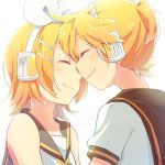  1girl bare_shoulders blonde_hair bloom blush bow brother_and_sister closed_eyes face-to-face hair_bow hair_ornament hairclip headphones headset kagamine_len kagamine_rin noses_touching reki_(arequa) sailor_collar shirt short_hair short_ponytail siblings sleeveless sleeveless_shirt smile twins vocaloid 