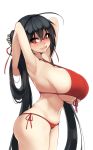  absurdres ahoge armpits arms_behind_back arms_up ass azur_lane bikini black_hair blush breasts commentary_request highres huge_ahoge huge_breasts long_hair looking_at_viewer red_bikini red_eyes sideboob simple_background smile solo sub-res swimsuit taihou_(azur_lane) thighs underboob very_long_hair white_background 