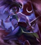  akali akali_(redesign) back_tattoo bare_shoulders black_hair bracer breasts bridal_gauntlets covered_navel crescent_moon dagger eyeshadow face_mask hair_flip highres hip_vent league_of_legends lera_pi long_hair looking_at_viewer makeup mask medium_breasts moon navel night ninja pants patreon_username ponytail red_eyes redesign reverse_grip shoulder_tattoo solo tattoo toned tumblr_username weapon 