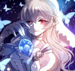  bug butterfly closed_mouth commentary_request elbow_gloves female_my_unit_(fire_emblem_if) fire_emblem fire_emblem_heroes fire_emblem_if gloves insect koyokoyot long_hair my_unit_(fire_emblem_if) pointy_ears red_eyes solo stone veil white_gloves white_hair 