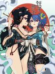  2girls absurdres alternate_costume alternate_hairstyle arm_up black_shorts blue_bow blue_eyes blue_hair blue_kimono blue_sash bow bracelet breast_press breasts chinese_zodiac cleavage commentary_request dark_blue_hair earrings egasumi eyeliner eyeshadow fingernails floral_print flower_earrings flower_tattoo gold_trim gradient_background grape_earrings green_background hair_between_eyes hair_over_one_eye half_updo highres hinanawi_tenshi holding holding_smoking_pipe japanese_clothes jewelry kaden_(muxt8423) kimono kiseru large_breasts long_fingernails long_hair looking_at_viewer makeup multiple_girls obi parted_lips peach_hat_ornament pelvic_curtain pink_lips pink_nails ponytail purple_sash red_circle red_eyes red_eyeshadow red_lips red_nails red_rope rope sash short_hair short_kimono short_shorts shorts side_slit single_earring smoke smoking_pipe snake_tattoo symmetrical_docking tattoo teeth touhou translation_request v-shaped_eyebrows very_long_hair white_background white_bow white_sash white_stripes year_of_the_snake yellow_rope yorigami_shion 
