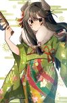  1girl black_hair cowboy_shot facial_mark floral_print fur-trimmed_kimono fur_trim green_eyes green_kimono hagoita hair_ribbon headgear highres i-47_(haregi_mode)_(kancolle) i-47_(kancolle) japanese_clothes kantai_collection kimono long_hair looking_at_viewer low-tied_long_hair one-hour_drawing_challenge paddle ribbon solo tress_ribbon yukikaze2828 