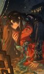  1boy 1girl alternate_hair_length alternate_hairstyle arms_around_neck barefoot beads black_hair brown_hair chinese_clothes closed_eyes couple curtains flower green_eyes hetero highres hug imminent_kiss indoors lips loli_bushi long_hair long_sleeves love_and_deepspace night petals plant protagonist_(love_and_deepspace) red_nails vase zayne_(love_and_deepspace) 