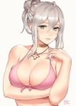  ahoge bikini breasts choker cleavage collarbone commentary elfi_(fire_emblem_if) english_commentary fire_emblem fire_emblem_heroes fire_emblem_if green_eyes hair_between_eyes highres jewelry large_breasts looking_at_viewer necklace pink_bikini pink_bikini_top sciamano240 signature silver_hair simple_background solo summer swimsuit upper_body white_background 