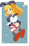  ass blonde_hair commentary_request cosplay crop_top elbow_gloves full_body gloves green_eyes hair_ribbon hairband highres kantai_collection long_hair looking_at_viewer looking_back miniskirt miyata_(lhr) open_mouth ribbon rockman rockman_(classic) roll sailor_collar school_uniform serafuku shimakaze_(kantai_collection) shimakaze_(kantai_collection)_(cosplay) sidelocks skirt solo striped striped_legwear thighhighs white_gloves 