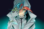  1boy alternate_universe artist_request bad_id bad_pixiv_id black_trim blue_background blue_hair cloak colored_bangs dyed_bangs elbow_gloves facing_viewer fujiki_yusaku gloves gradient_background green_eyes green_trim highres holding holding_mask hood hood_up jacket looking_ahead looking_at_viewer male_focus mask open_clothes open_jacket popped_collar red_trim robe shirt signature single_mechanical_eye spiked_hair white_cloak white_gloves white_jacket white_robe white_shirt yu-gi-oh! yu-gi-oh!_vrains 