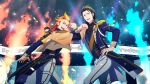  2boys akai_suzaku black_hair cat epaulettes fingernails hand_on_own_hip highres idolmaster idolmaster_side-m kurono_genbu male_focus multicolored_hair multiple_boys nyako_(idolmaster) official_art open_mouth orange_hair pants red_eyes smile stage_lights teeth two-tone_hair upper_teeth_only 