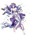  bangs bare_shoulders barefoot breasts camilla_(fire_emblem_if) dress elbow_gloves fingerless_gloves fire_emblem fire_emblem_heroes fire_emblem_if gloves hair_ornament hair_over_one_eye highres holding large_breasts long_hair mikurou_(nayuta) official_art open_mouth purple_eyes purple_hair shiny shiny_hair sleeveless solo toes torn_clothes transparent_background turtleneck white_dress 