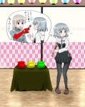  2girls black_skirt eila_ilmatar_juutilainen flute grey_hair grey_necktie hand_puppet highres holding indoors insignia instrument lamp long_hair military momojiri_chiquita multiple_girls necktie pantyhose pleated_skirt puppet sanya_v._litvyak shoes short_hair skirt speech_bubble strike_witches table thought_bubble translation_request upper_body vase white_hair world_witches_series 