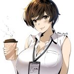  absurdres badge bare_shoulders blush breasts brown_eyes brown_hair buttons cleavage closed_mouth coffee_cup collared_shirt commentary cup disposable_cup english_commentary highres holding holding_cup id_card lanyard large_breasts looking_at_viewer lulu-chan92 name_tag ol-chan_(norman_maggot) original partially_unbuttoned pixie_cut shirt short_hair sleeveless sleeveless_shirt smile solo steam twitter_username white_shirt 