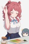  blue_overskirt blue_ribbon brown_hair character_doll closed_eyes closed_mouth collared_shirt contamination_(contami0813) gakuen_idolmaster green_eyes green_hair hanami_saki hatsuboshi_gakuen_school_uniform highres idolmaster long_hair neck_ribbon ribbon school_uniform shirt simple_background smile tsukimura_temari two_side_up white_shirt 