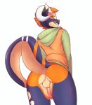  anthro ayneil backsack balls bedroom_eyes blue_hair blue_skin bottomless butt caprine clothed clothing erection goat green_eyes green_tongue hair half-closed_eyes hoodie horn licking licking_lips looking_at_viewer looking_back male mammal orange_hair orange_skin penis seductive sharp_teeth simple_background solo standing suelix tan_skin teeth thick_thighs tongue tongue_out white_background wide_hips 