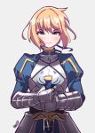  absurdres armor artist_name artoria_pendragon_(all) blonde_hair blush braid breasts excalibur fate/stay_night fate_(series) french_braid green_eyes highres juliet_sleeves long_sleeves planted_weapon puffy_sleeves saber serious short_hair solo tegar32 weapon white_background 