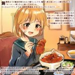  :d bandaid bandaid_on_face blush brown_eyes chopsticks colored_pencil_(medium) commentary_request dated food green_sailor_collar holding holding_chopsticks kantai_collection kirisawa_juuzou long_sleeves numbered oboro_(kantai_collection) open_mouth orange_hair sailor_collar short_hair sitting smile solo traditional_media translation_request twitter_username 