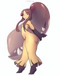  big_butt big_hands black_skin breasts brown_hair butt eyelashes female hair hair_mouth hair_over_eye humanoid long_hair looking_at_viewer mawile nintendo pok&eacute;mon pok&eacute;mon_(species) pok&eacute;morph pseudo_clothing red_eyes sharp_teeth simple_background smile solo standing suelix teeth thick_thighs video_games white_background wide_hips yellow_skin 