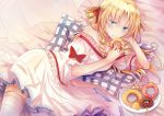  arm_support bangs bare_shoulders blonde_hair blue_eyes bow candy collarbone doughnut drill_hair food frilled_shirt frills garter_straps highres hirakuneko lily_(shinnazuki) long_hair looking_at_viewer lying off-shoulder_shirt on_side parted_bangs parted_lips petticoat pillow plate pleated_skirt quad_drills red_bow red_ribbon ribbon ribbon-trimmed_sleeves ribbon_trim shinnazuki shirt skirt skirt_set solo thighhighs twin_drills white_legwear white_shirt white_skirt 