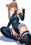  1girl bare_shoulders black_gloves black_ribbon blonde_hair blue_eyes blue_one-piece_swimsuit blue_sleeves blue_thighhighs blush bodysuit boots bow breasts casual_one-piece_swimsuit covered_navel dead_or_alive dead_or_alive_xtreme detached_sleeves frilled_one-piece_swimsuit frilled_thighhighs frills gloves hair_ornament hair_ribbon highleg highres lips long_hair looking_at_viewer marie_rose marie_rose_(devilish_servant_against_the_splashing_waves) one-piece_swimsuit ribbon shadow sitting skin_tight small_breasts solo swimsuit thighhighs thighs twintails user_hrxm3472 x_hair_ornament 