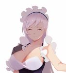  ^_^ azur_lane belfast_(azur_lane) braid breasts cleavage closed_eyes commentary_request french_braid gloves hand_on_own_chest large_breasts long_hair maid maid_headdress shito_zhizhen silver_hair smile solo upper_body white_gloves 