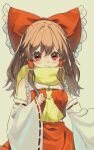  1girl bare_shoulders blush bow brown_hair cowboy_shot detached_sleeves ebi_mayopuri extra_digits frilled_bow frilled_hair_tubes frills hair_between_eyes hair_bow hair_tubes hakurei_reimu long_hair long_sleeves red_bow red_eyes red_skirt red_vest ribbon-trimmed_sleeves ribbon_trim scarf shoulder_blush simple_background skirt smile solo touhou vest white_background wide_sleeves yellow_scarf 