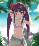  arm_behind_head bangs beach bikini_top blunt_bangs blush breasts brown_eyes cloud collarbone cowboy_shot day eyebrows_visible_through_hair flower hair_flower hair_ornament hairband long_hair looking_at_viewer miyata_(lhr) navel ocean palm_leaf purple_hair queen_tia rockman ryuusei_no_rockman ryuusei_no_rockman_3 sarong sidelocks sky small_breasts solo summer swimsuit tree_shade white_bikini_top 