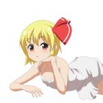  alternate_costume anime_coloring arm_support blonde_hair blush bow cato_(monocatienus) chemise commentary flat_chest hair_bow hand_on_own_cheek looking_at_viewer lying on_stomach open_mouth red_eyes rumia short_hair simple_background sleepwear solo touhou white_background 
