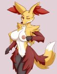  anthro big_breasts breasts canine chest_tuft cooliehigh delphox dipstick_tail female fur inner_ear_fluff inverted_nipples looking_at_viewer mammal multicolored_tail nintendo nipples nude one_eye_closed pok&eacute;mon pok&eacute;mon_(species) red_eyes red_fur simple_background solo standing tuft video_games white_fur wink yellow_fur 