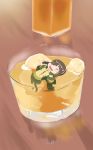  =_= absurdres alcohol artist_request chibi closed_eyes commentary_request cup drinking_glass drunk eyepatch girls_frontline glass highres ice ice_cube in_container in_cup jack_daniel's m16a1_(girls_frontline) smile solo swimming 