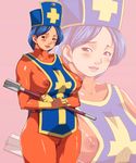  1girl blue_hair bodysuit chunsoft dragon_quest dragon_quest_iii enix ganto gloves hat latex latex_gloves nipples priest priest_(dq3) red_eyes simple_background solo zoom_layer 