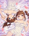  2girls :o ahoge bed_sheet blue_eyes blurry blurry_foreground brown_hair commentary depth_of_field dress drill_hair eyes from_above hair_ribbon hand_on_another&#039;s_face highres idolmaster idolmaster_million_live! kamille_(vcx68) looking_at_viewer lying medium_hair multiple_girls off-shoulder_dress off_shoulder on_back on_bed open_mouth parted_lips petals ponytail purple_eyes ribbon satake_minako short_dress short_hair side_drill side_ponytail white_dress white_ribbon yokoyama_nao 