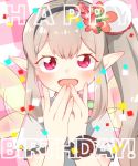  1girl :d afterimage bangs black_hairband blush brown_hair commentary_request elf elu_(nijisanji) eyebrows_visible_through_hair fingernails flower hair_flower hair_ornament hairband hand_to_own_mouth hands_up happy_birthday long_hair looking_at_viewer nijisanji open_mouth plaid plaid_background pointy_ears red_eyes red_flower shirt short_sleeves side_ponytail smile solo transparent_wings upper_body very_long_hair virtual_youtuber white_shirt yamase yellow_wings 