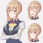  blush brown_eyes brown_hair closed_eyes commentary_request crossed_arms expressions goblin_slayer! guild_girl_(goblin_slayer!) moveslikebagel open_mouth smile solo uniform 