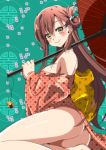  1girl absurdres blush breasts floral_background gakkou_gurashi! hair_ornament hairclip highres holding holding_umbrella japanese_clothes kimono large_breasts long_hair looking_at_viewer open_clothes open_kimono partially_undressed sash sinakyo umbrella wakasa_yuuri yellow_eyes 