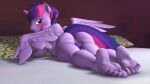3d_(artwork) absurd_res anthro anus balls blush butt cutie_mark digital_media_(artwork) equid equine feet friendship_is_magic genitals hair hasbro hi_res horn humanoid_feet looking_at_viewer looking_back looking_back_at_viewer male mammal my_little_pony mythological_creature mythological_equine mythology nude penis plantigrade purple_body purple_eyes purple_hair purple_tail solo tail twilight_sparkle_(mlp) unie winged_unicorn wings