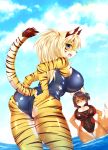  2018 anthro big_breasts black_fur black_hair blonde_hair blue_eyes blush breasts brown_fur butt canine clothing duo feline female fox fur hair hand_on_butt hand_on_hip hi_res kimuchitei looking_back mammal navel open_mouth outside sea standing sunny swimsuit tiger tight_clothing voluptuous water wet white_fur yellow_eyes yellow_fur 
