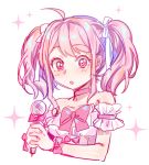  :o ahoge bang_dream! bangs bare_shoulders bow bowtie choker cropped_torso detached_sleeves hair_ribbon here_(artist) holding holding_microphone looking_at_viewer maruyama_aya microphone pink_bow pink_choker pink_eyes pink_hair pink_neckwear ribbon sidelocks solo sparkle twintails upper_body white_ribbon wrist_bow 